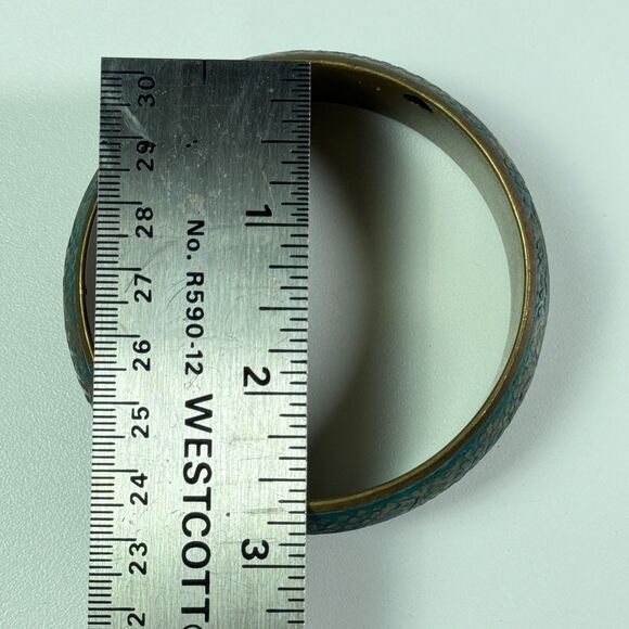 VTG Brass Bangle Bracelet Wide Floral Etched Enamel Turquoise Patina Boho - Picture 6 of 7